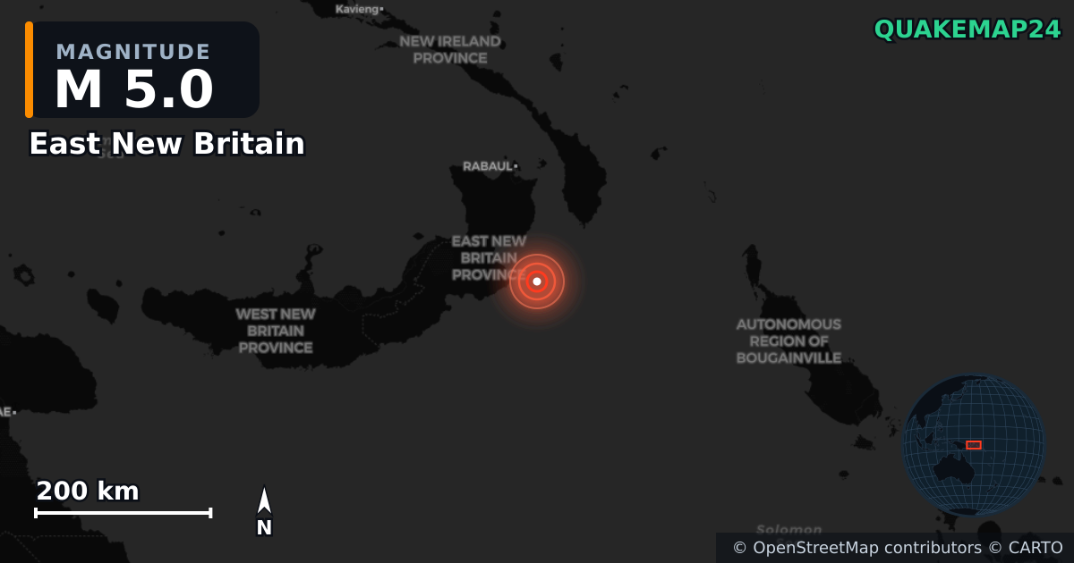 M5.0 earthquake near East New Britain on Oct 21, 2025 — map of epicenter and shaking intensity | QuakeMap24