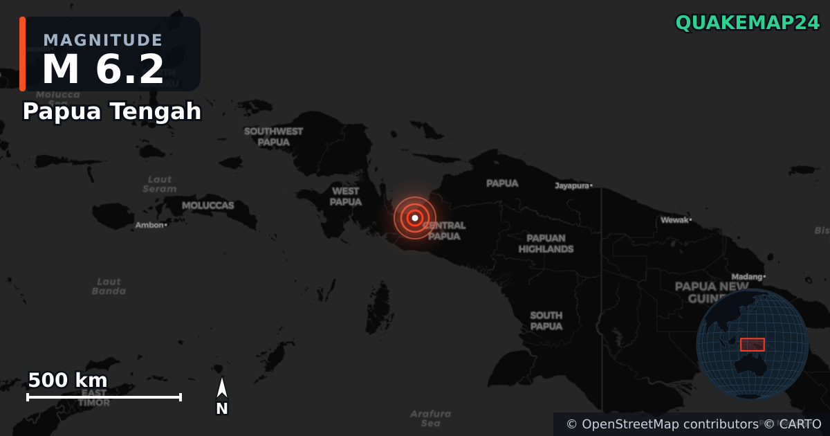 M6.2 earthquake near Papua Tengah on Sep 18, 2025 — map of epicenter and shaking intensity | QuakeMap24