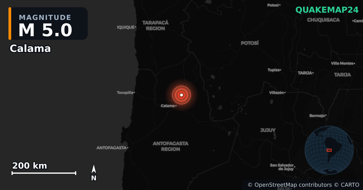 M5.0 earthquake near Calama on Feb 4, 2026 — map of epicenter and shaking intensity | QuakeMap24