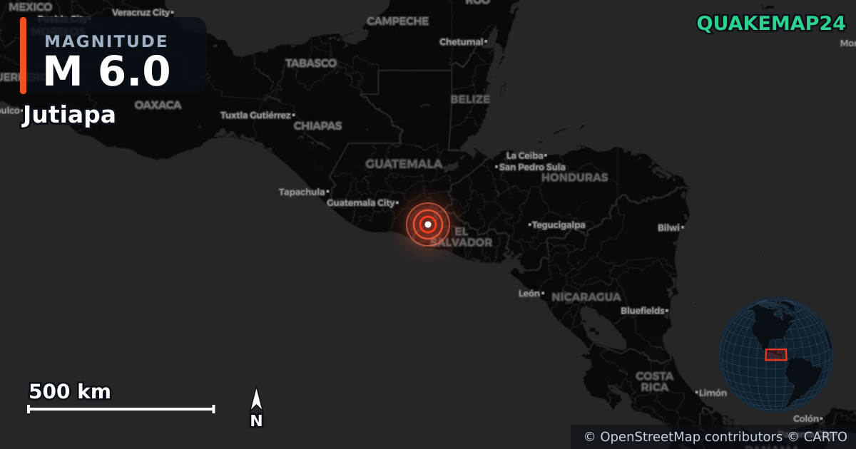 M6.0 earthquake near Jutiapa on Jul 29, 2025 — map of epicenter and shaking intensity | QuakeMap24