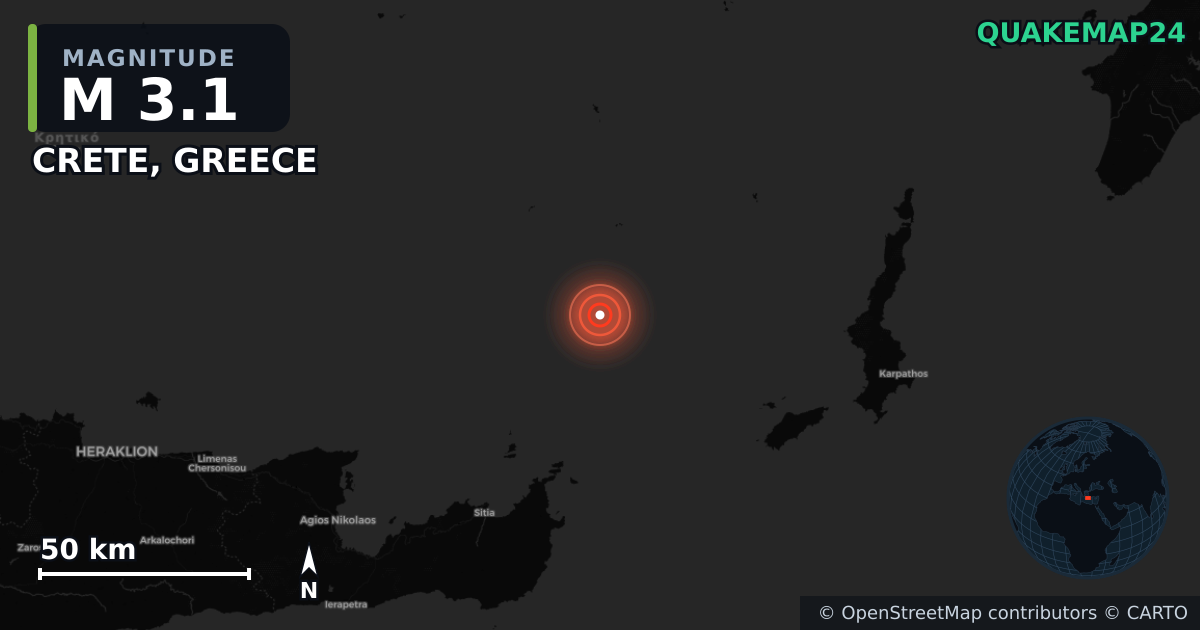 M3.1 earthquake near CRETE, GREECE on Aug 20, 2025 — map of epicenter and shaking intensity | QuakeMap24