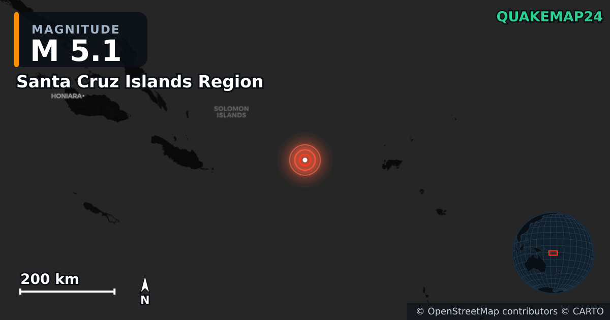 M5.1 earthquake near Santa Cruz Islands Region on May 22, 2026 — map of epicenter and shaking intensity | QuakeMap24
