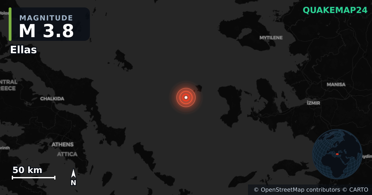 M3.8 earthquake near Ellas on Jan 17, 2026 — map of epicenter and shaking intensity | QuakeMap24