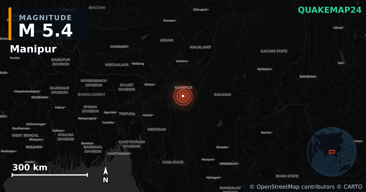 M5.4 earthquake near Manipur on May 27, 2025 — map of epicenter and shaking intensity | QuakeMap24