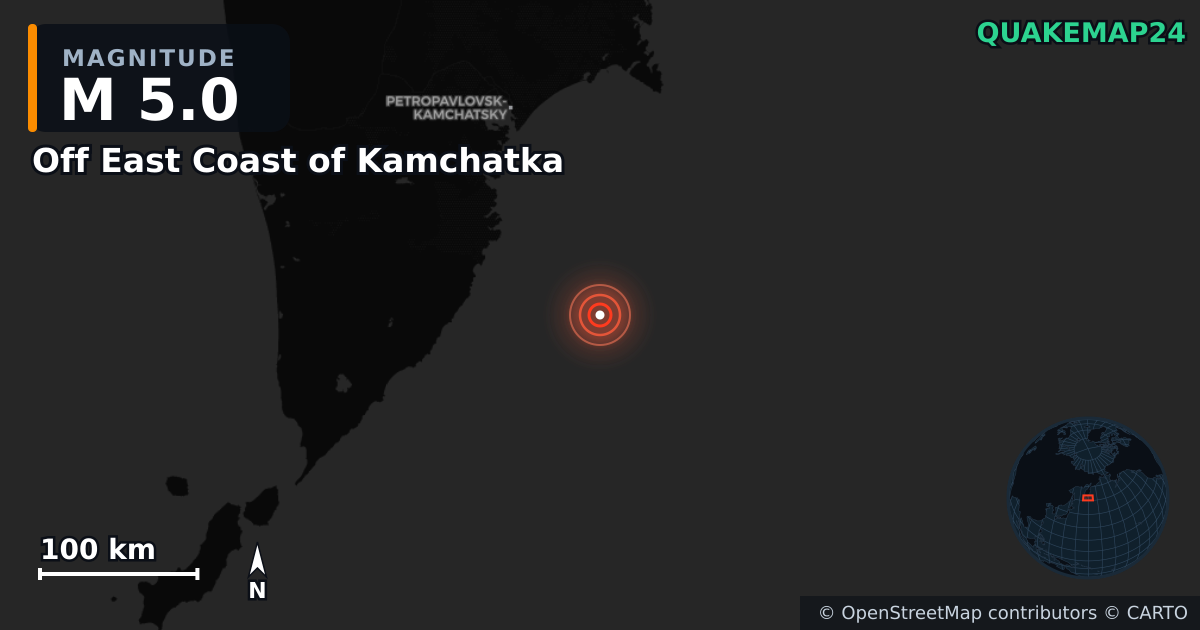 M5.0 earthquake near Off East Coast of Kamchatka on Sep 1, 2025 — map of epicenter and shaking intensity | QuakeMap24