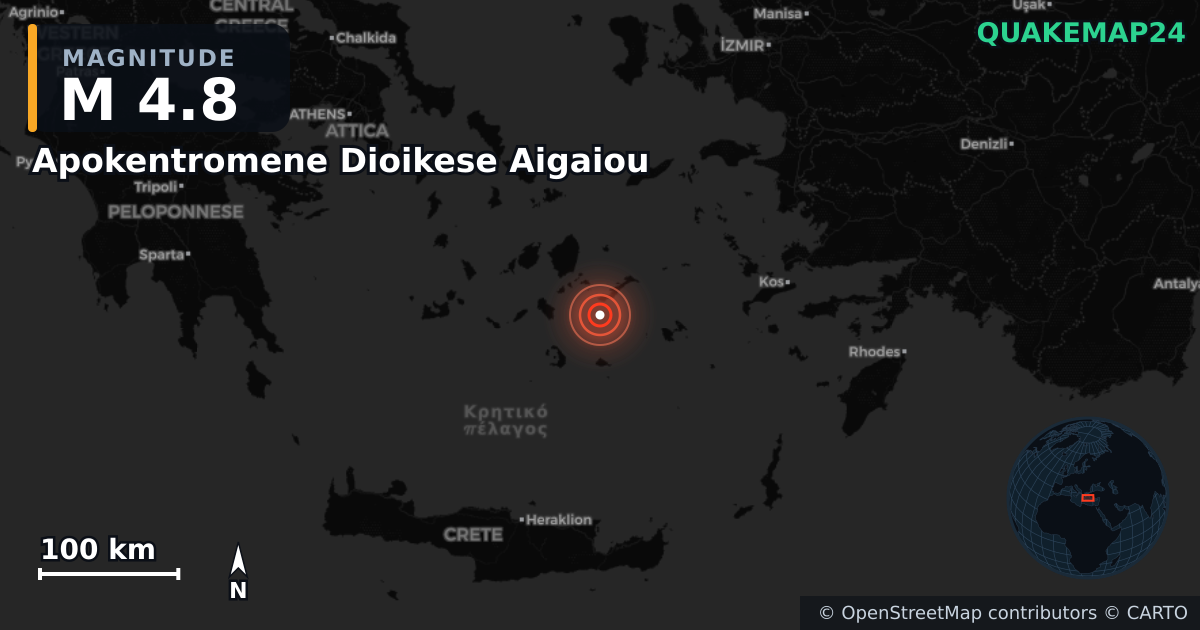 M4.8 earthquake near Apokentromene Dioikese Aigaiou on Jun 20, 2025 — map of epicenter and shaking intensity | QuakeMap24