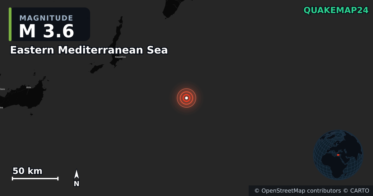 M3.6 earthquake near Eastern Mediterranean Sea on May 17, 2026 — map of epicenter and shaking intensity | QuakeMap24