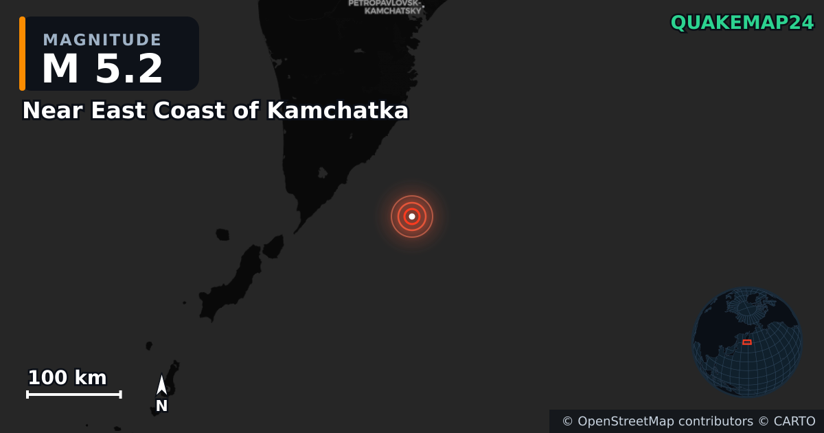 M5.2 earthquake near Near East Coast of Kamchatka on Jul 31, 2025 — map of epicenter and shaking intensity | QuakeMap24