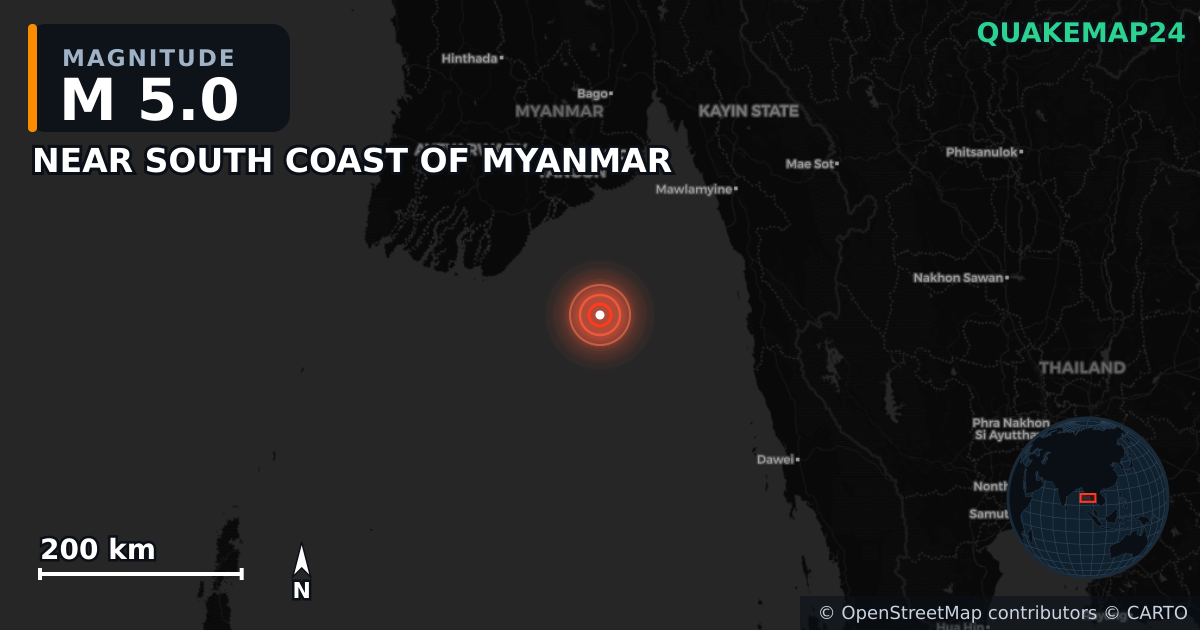 M5.0 earthquake near NEAR SOUTH COAST OF MYANMAR on Aug 30, 2025 — map of epicenter and shaking intensity | QuakeMap24