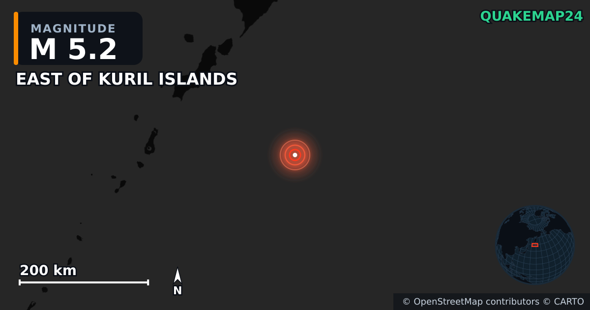 M5.2 earthquake near EAST OF KURIL ISLANDS on Jul 31, 2025 — map of epicenter and shaking intensity | QuakeMap24