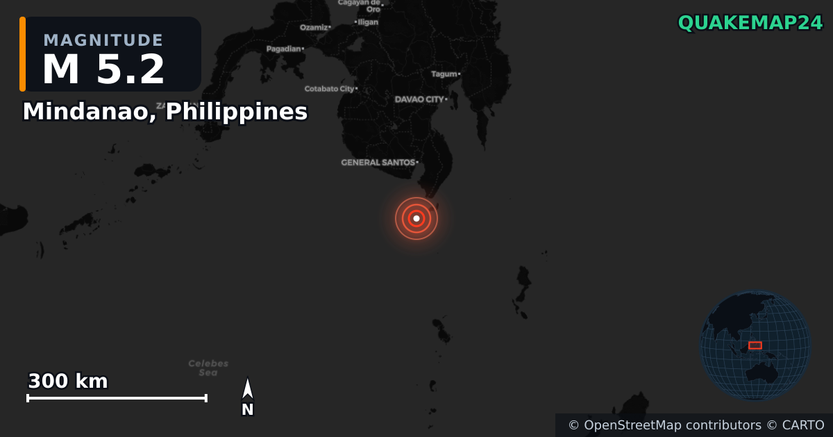 M5.2 earthquake near Mindanao, Philippines on Jun 8, 2026 — map of epicenter and shaking intensity | QuakeMap24