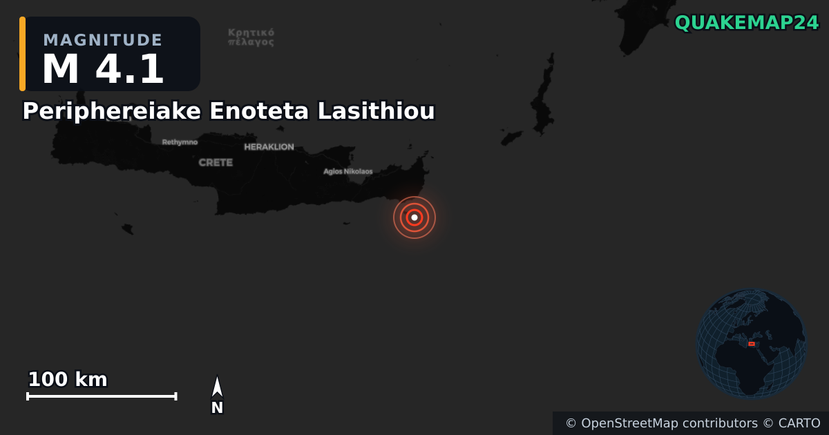 M4.1 earthquake near Periphereiake Enoteta Lasithiou on May 5, 2026 — map of epicenter and shaking intensity | QuakeMap24