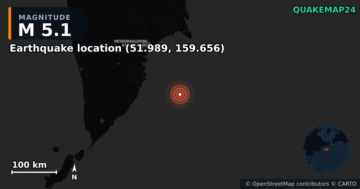 M5.1 earthquake near Deprem konumu (51.989, 159.656) on Sep 6, 2025 — map of epicenter and shaking intensity | QuakeMap24
