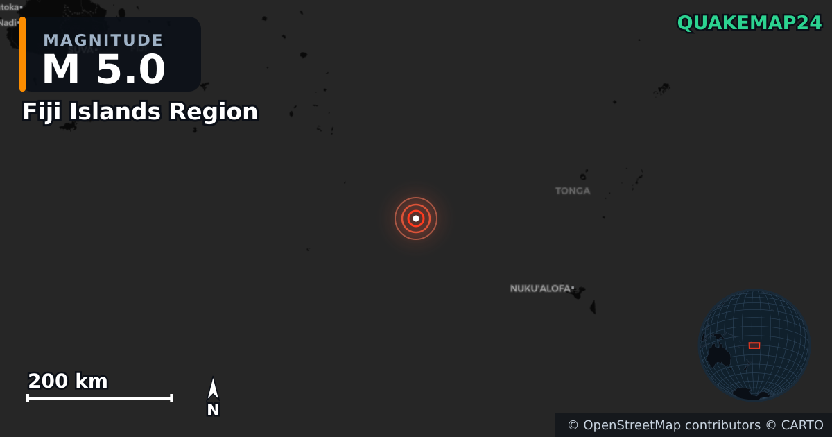 M5.0 earthquake near Fiji Islands Region on Aug 23, 2025 — map of epicenter and shaking intensity | QuakeMap24
