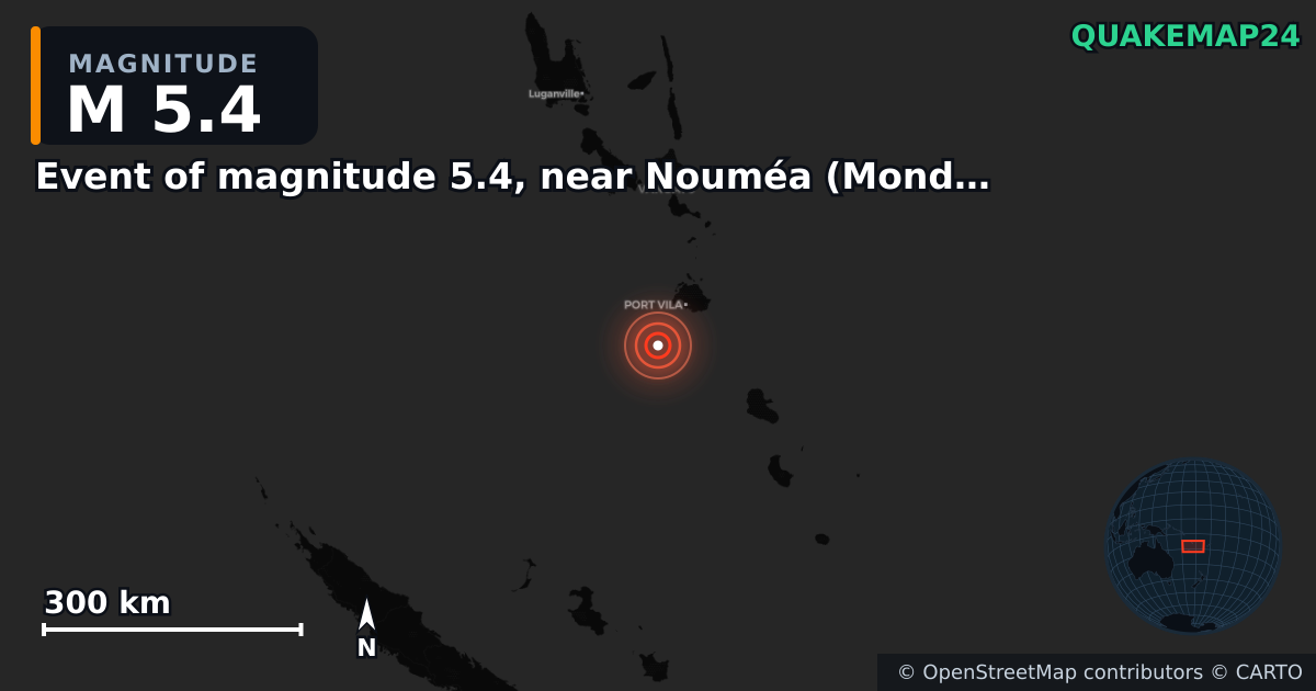 M5.4 earthquake near Event of magnitude 5.4, near Nouméa (Monde) on May 19, 2026 — map of epicenter and shaking intensity | QuakeMap24