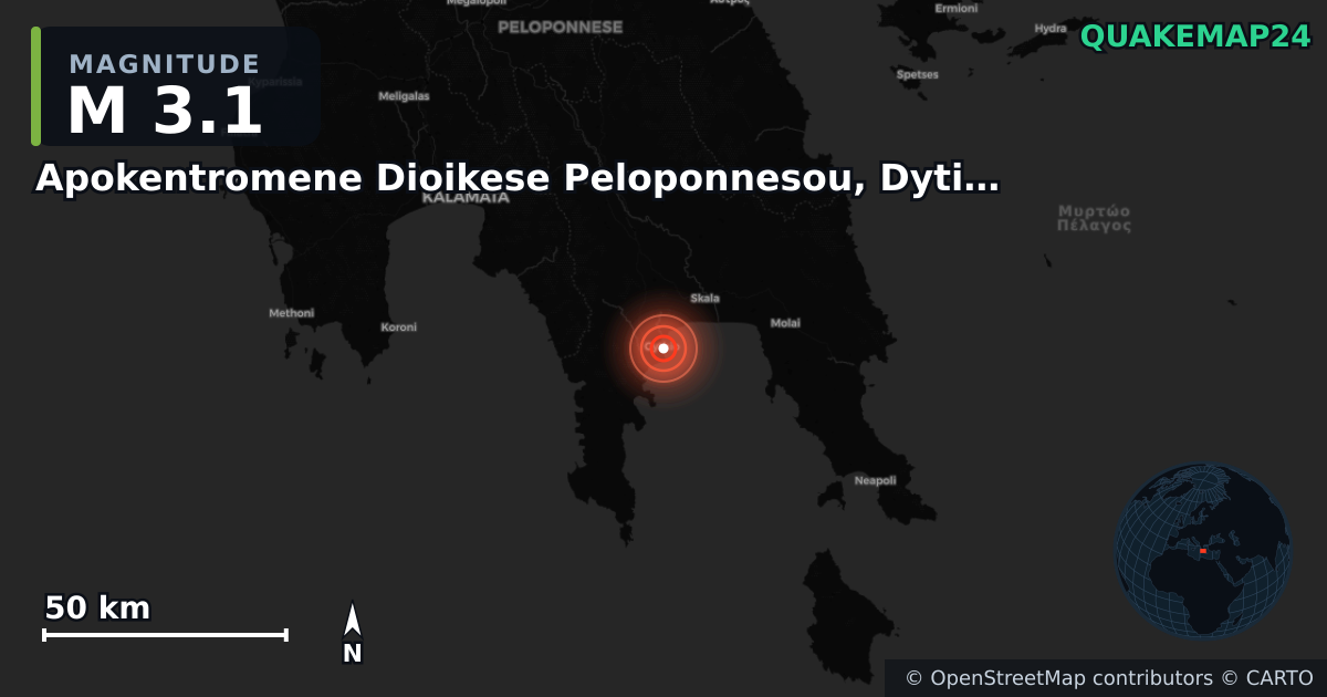 M3.1 earthquake near Apokentromene Dioikese Peloponnesou, Dytikes Elladas kai Ioniou on Sep 27, 2025 — map of epicenter and shaking intensity | QuakeMap24