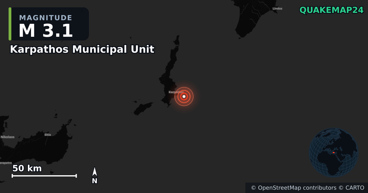 M3.1 earthquake near Karpathos Municipal Unit on Jul 16, 2026 — map of epicenter and shaking intensity | QuakeMap24