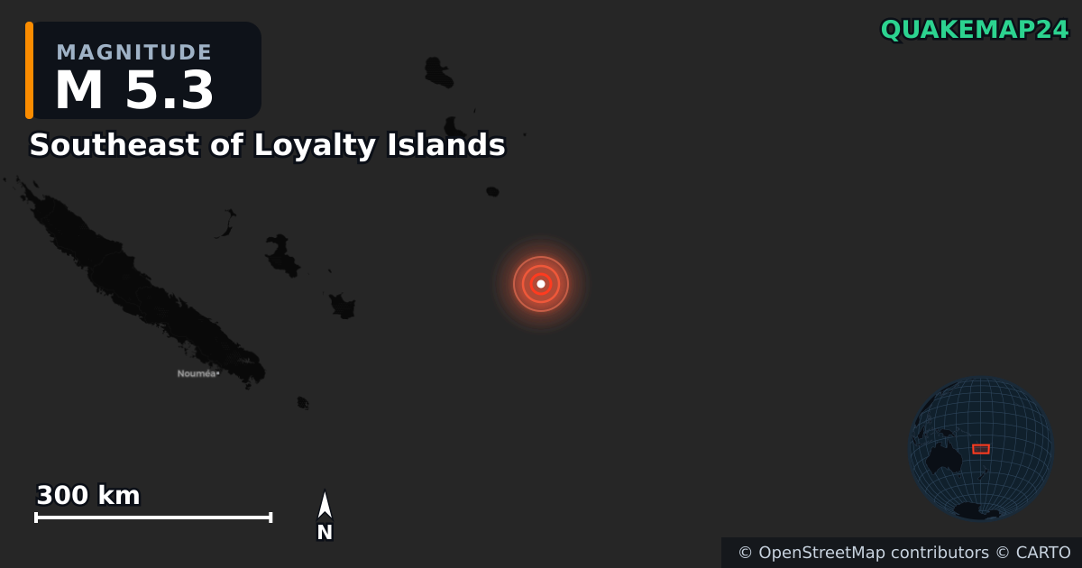 M5.3 earthquake near Southeast of Loyalty Islands on Apr 15, 2026 — map of epicenter and shaking intensity | QuakeMap24