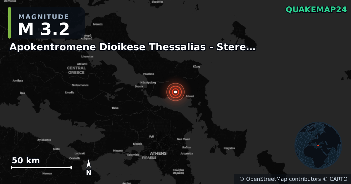 M3.2 earthquake near Apokentromene Dioikese Thessalias - Stereas Ellados on Aug 8, 2025 — map of epicenter and shaking intensity | QuakeMap24
