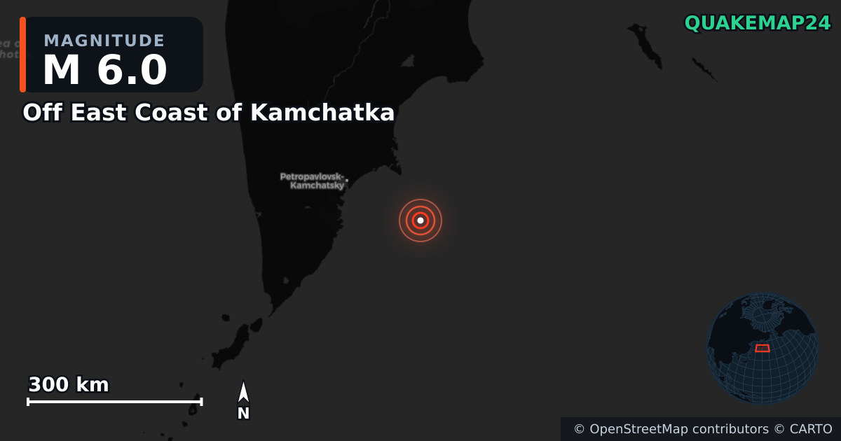 M6.0 earthquake near Off East Coast of Kamchatka on Sep 18, 2025 — map of epicenter and shaking intensity | QuakeMap24