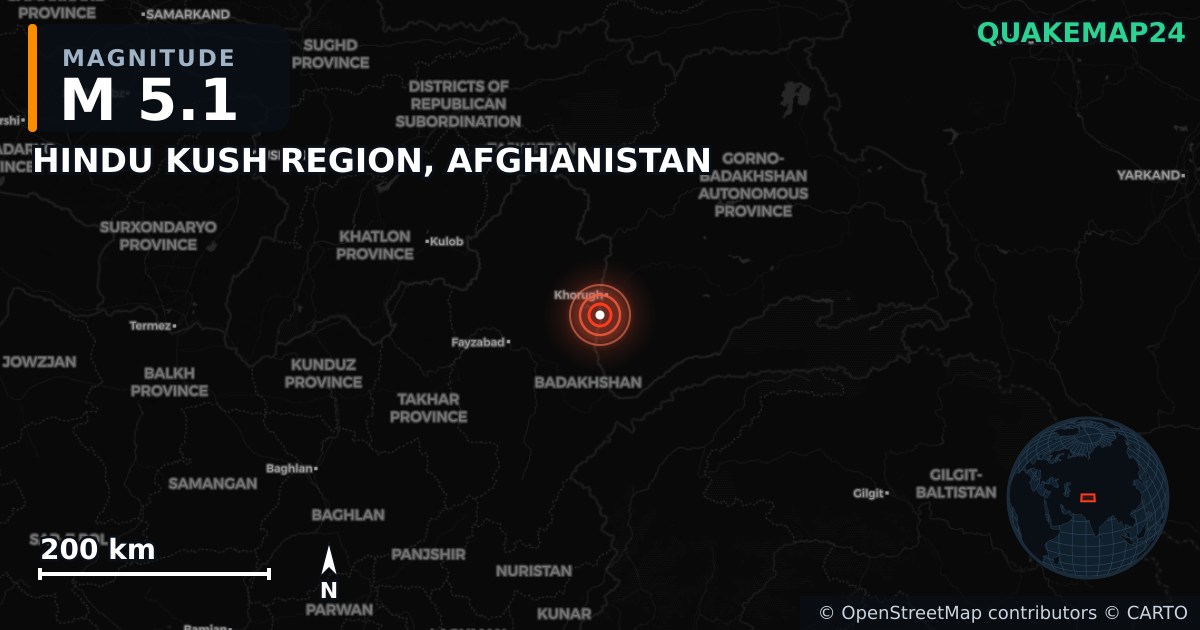 M5.1 earthquake near HINDU KUSH REGION, AFGHANISTAN on Apr 27, 2026 — map of epicenter and shaking intensity | QuakeMap24