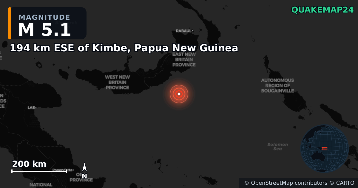 M5.1 earthquake near 194 km ESE of Kimbe, Papua New Guinea on Apr 5, 2025 — map of epicenter and shaking intensity | QuakeMap24