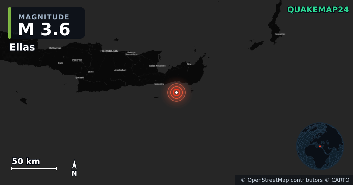 M3.6 earthquake near Ellas on Apr 26, 2026 — map of epicenter and shaking intensity | QuakeMap24