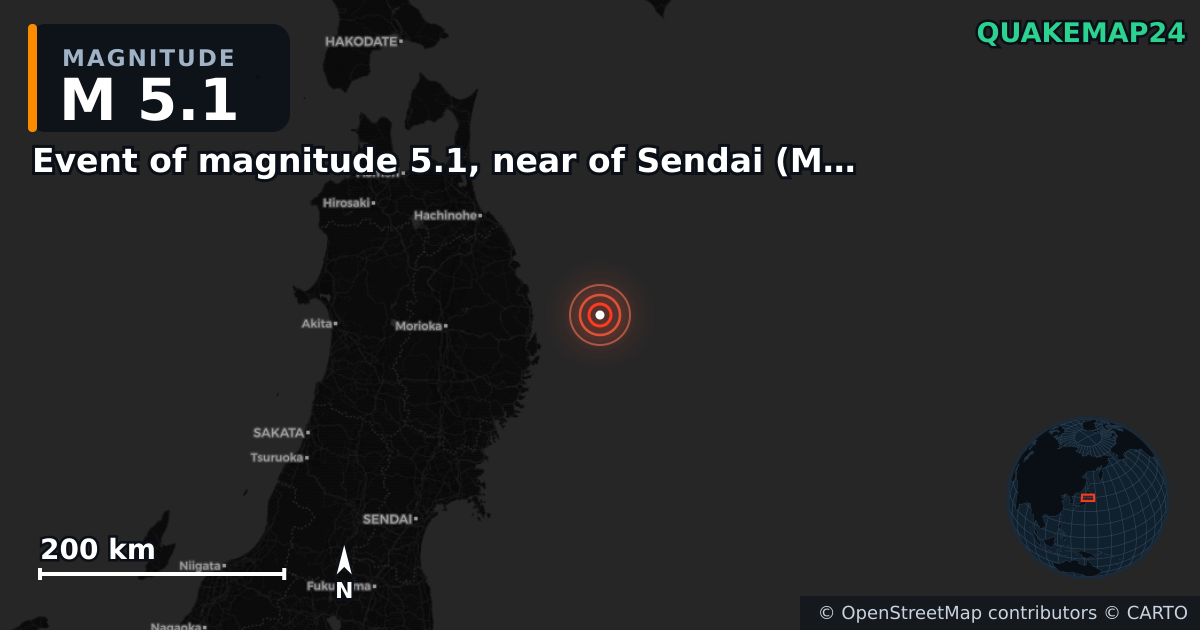 M5.1 earthquake near Event of magnitude 5.1, near of Sendai (Monde) on Mar 26, 2026 — map of epicenter and shaking intensity | QuakeMap24