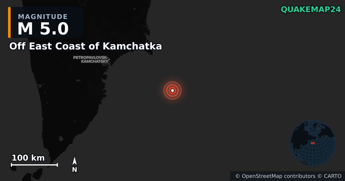 M5.0 earthquake near Off East Coast of Kamchatka on Aug 4, 2025 — map of epicenter and shaking intensity | QuakeMap24