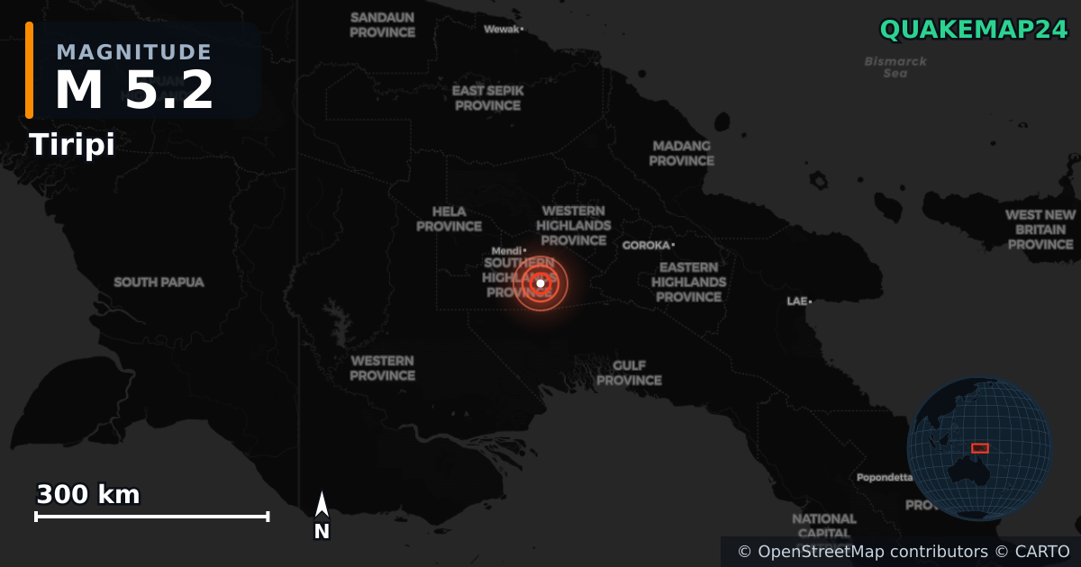 M5.2 earthquake near Tiripi on Aug 5, 2026 — map of epicenter and shaking intensity | QuakeMap24