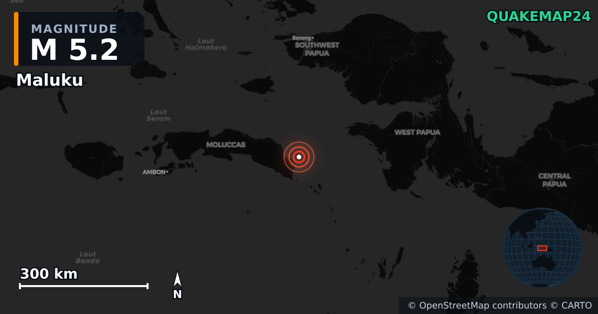 M5.2 earthquake near Maluku on Jun 4, 2025 — map of epicenter and shaking intensity | QuakeMap24