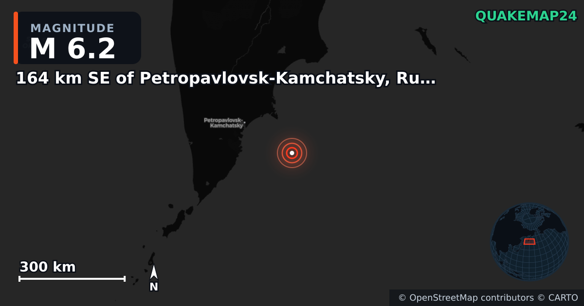M6.2 earthquake near 164 km SE of Petropavlovsk-Kamchatsky, Russia on Sep 19, 2025 — map of epicenter and shaking intensity | QuakeMap24