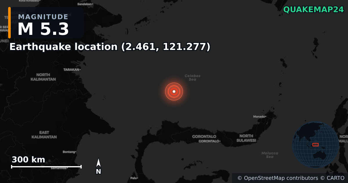 M5.3 earthquake near Deprem konumu (2.461, 121.277) on Apr 2, 2026 — map of epicenter and shaking intensity | QuakeMap24