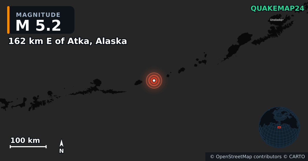 M5.2 earthquake near 162 km E of Atka, Alaska on May 22, 2026 — map of epicenter and shaking intensity | QuakeMap24
