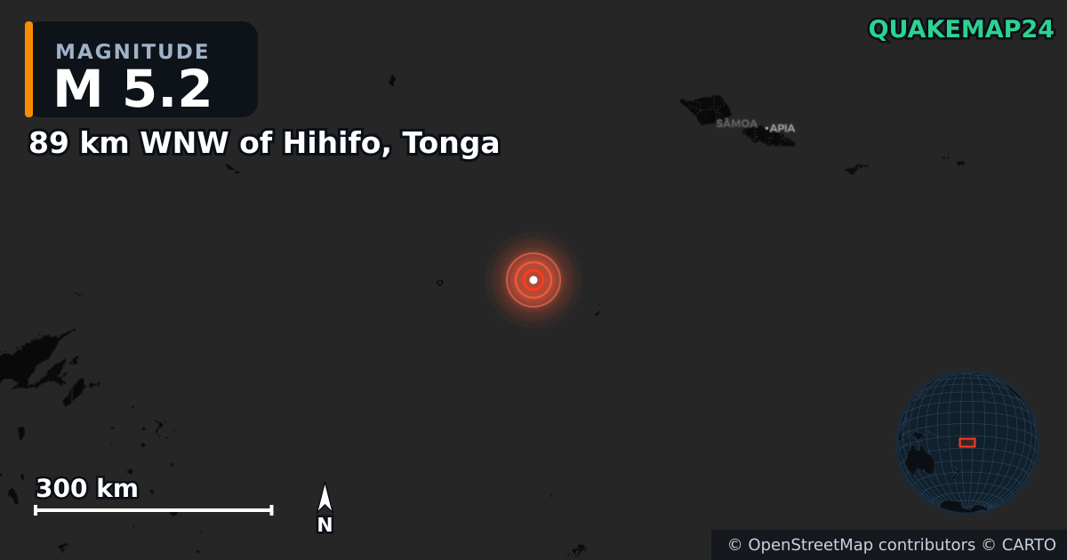 M5.2 earthquake near 89 km WNW of Hihifo, Tonga on Jul 10, 2025 — map of epicenter and shaking intensity | QuakeMap24