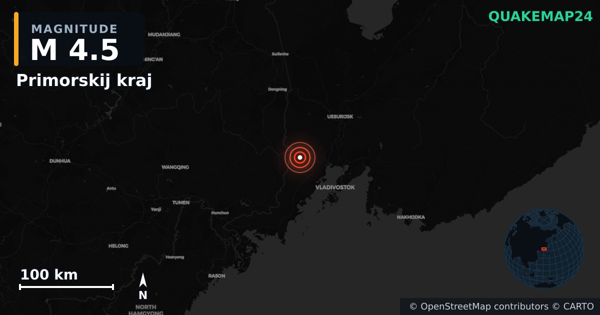 M4.5 earthquake near Primorskij kraj on Aug 29, 2025 — map of epicenter and shaking intensity | QuakeMap24