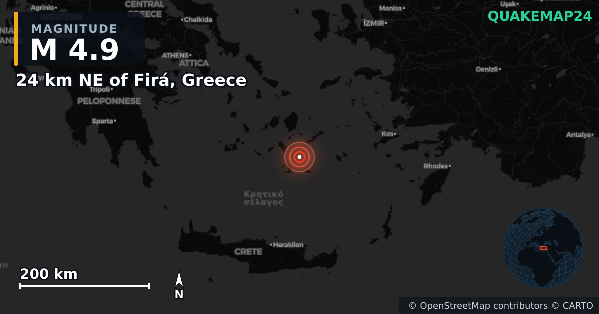 M4.9 earthquake near 24 km NE of Firá, Greece on Feb 3, 2025 — map of epicenter and shaking intensity | QuakeMap24