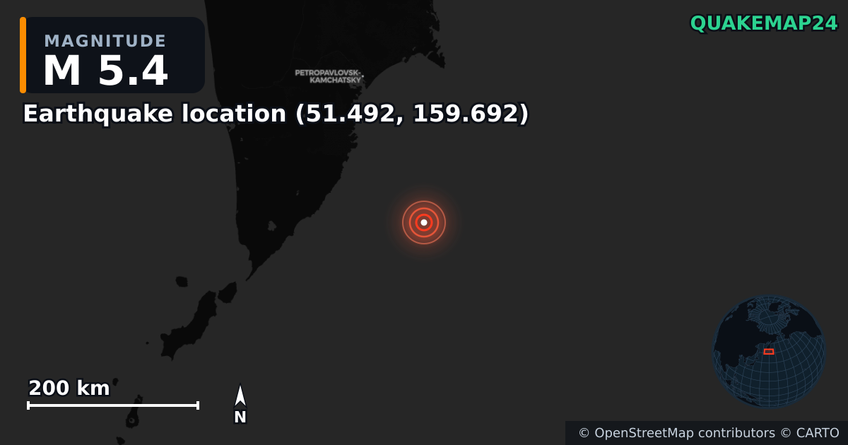 M5.4 earthquake near Erdbeben-Standort (51.492, 159.692) on Sep 11, 2025 — map of epicenter and shaking intensity | QuakeMap24