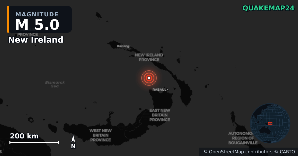 M5.0 earthquake near New Ireland on Nov 1, 2025 — map of epicenter and shaking intensity | QuakeMap24