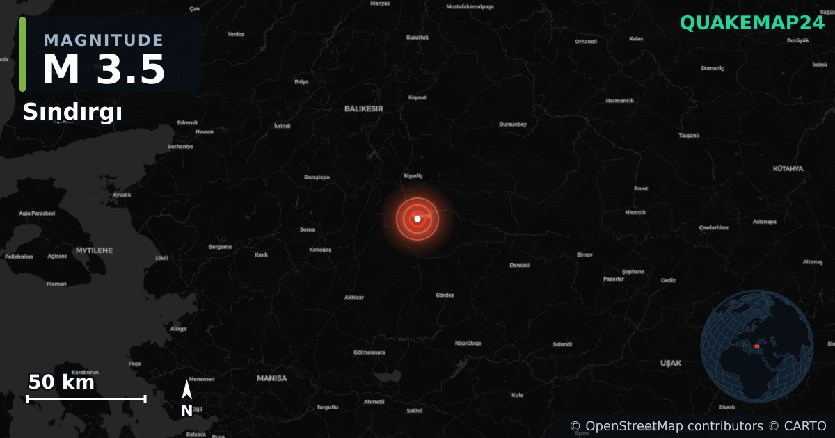 M3.5 earthquake near Sındırgı on Nov 9, 2025 — map of epicenter and shaking intensity | QuakeMap24