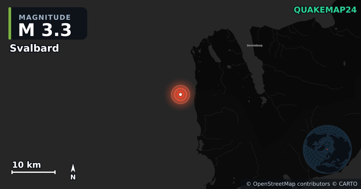 M3.3 earthquake near Svalbard on Aug 8, 2026 — map of epicenter and shaking intensity | QuakeMap24