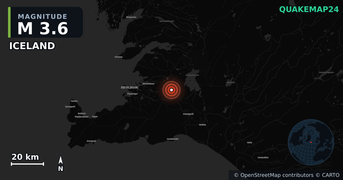 M3.6 earthquake near ICELAND on May 13, 2026 — map of epicenter and shaking intensity | QuakeMap24