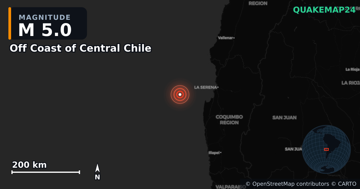 Erdbeben M5,0 bei Off Coast of Central Chile — Karte der Lage des Epizentrums