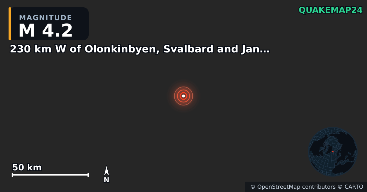 M4.2 Earthquake near 230 km W of Olonkinbyen, Svalbard and Jan Mayen · 2026-09-06 — Map showing the location of the epicenter