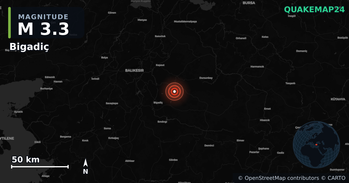 M3.3 earthquake near Bigadiç on Aug 18, 2025 — map of epicenter and shaking intensity | QuakeMap24