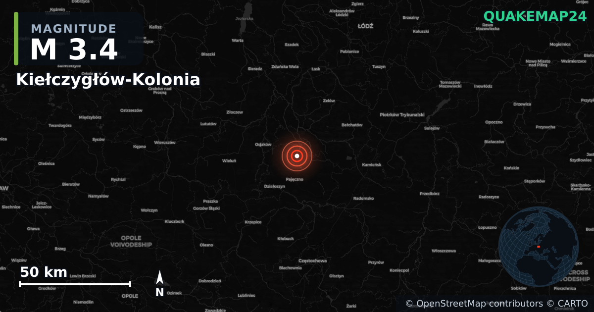 M3.4 earthquake near Kiełczygłów-Kolonia on Jun 19, 2026 — map of epicenter and shaking intensity | QuakeMap24