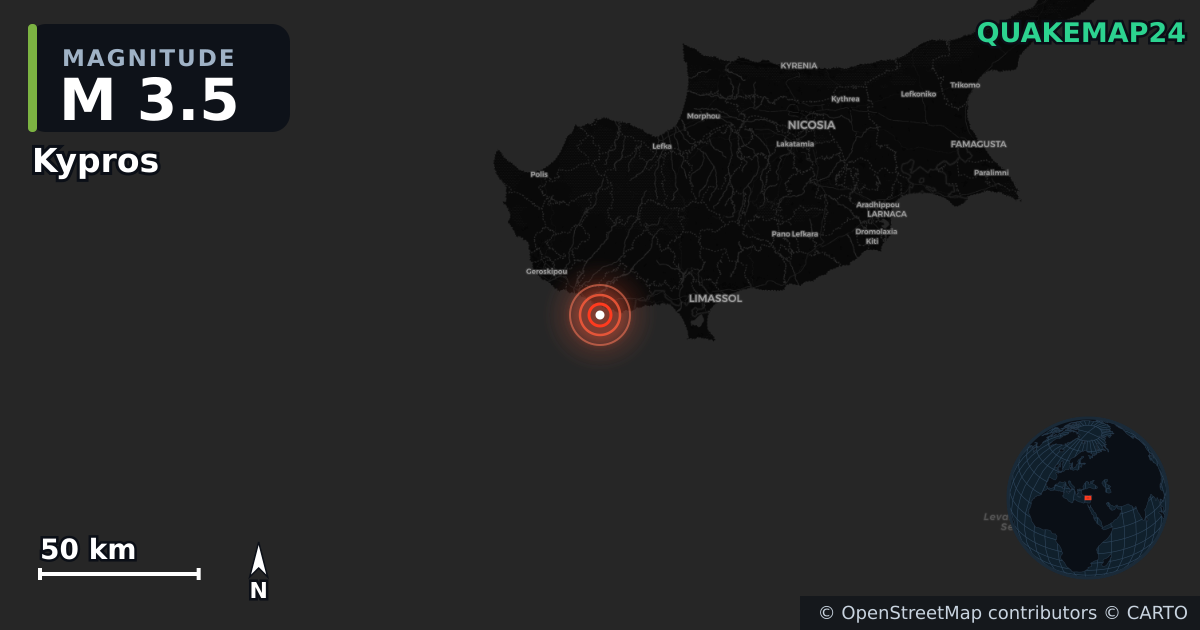 M3.5 earthquake near Kypros on Nov 12, 2025 — map of epicenter and shaking intensity | QuakeMap24