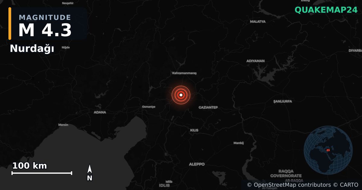 M4.3 earthquake near Nurdağı on Nov 20, 2025 — map of epicenter and shaking intensity | QuakeMap24