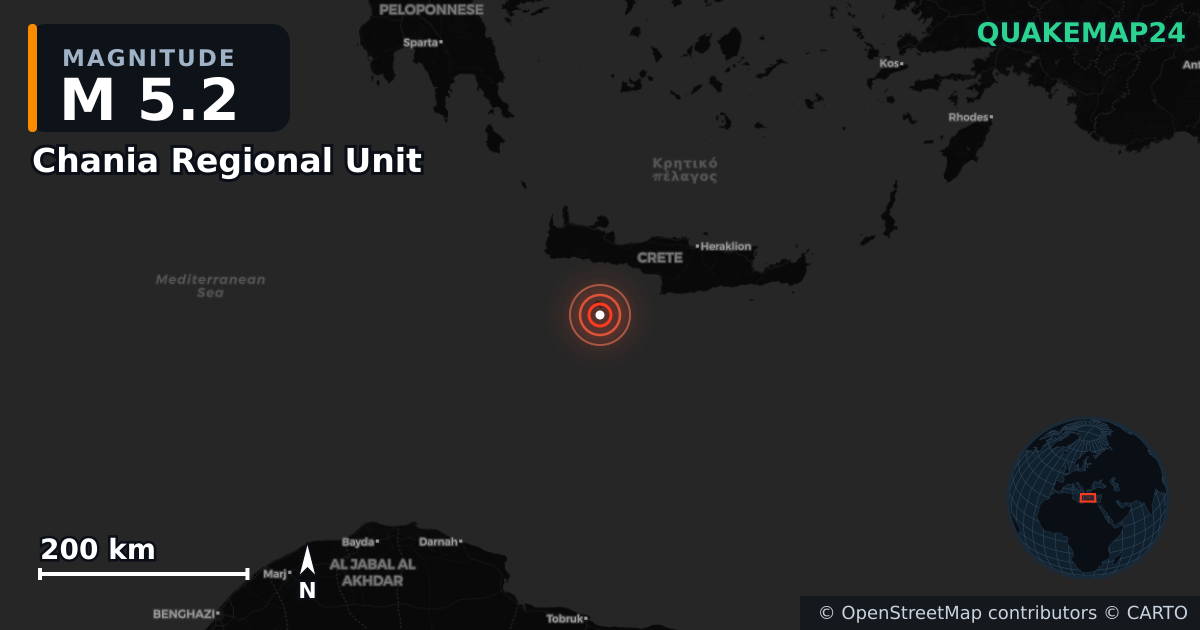 M5.2 Earthquake near Chania Regional Unit, Region of Crete (Greece) · 2026-06-20 — Map showing the location of the epicenter
