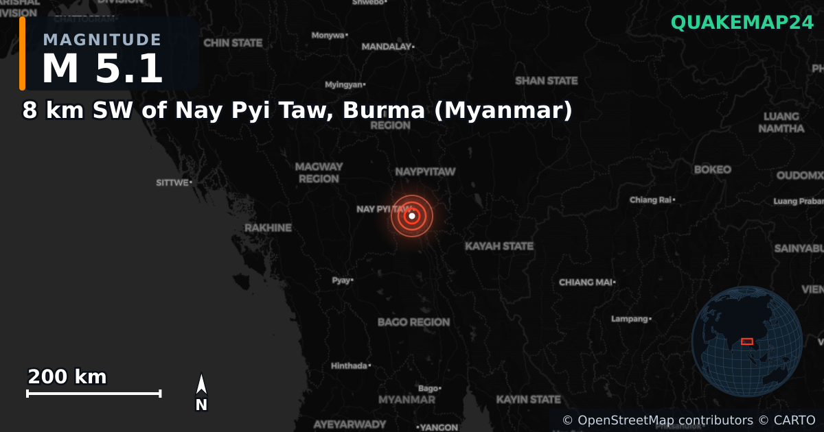 8 km SW of Nay Pyi Taw, Burma (Myanmar) yakınında M5,1 deprem — Deprem merkez üssünün konumunu gösteren harita